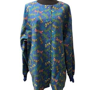 The Scrub Co 2XL Dragonfly Print Scrub Jacket Blue Snap Front Nurse